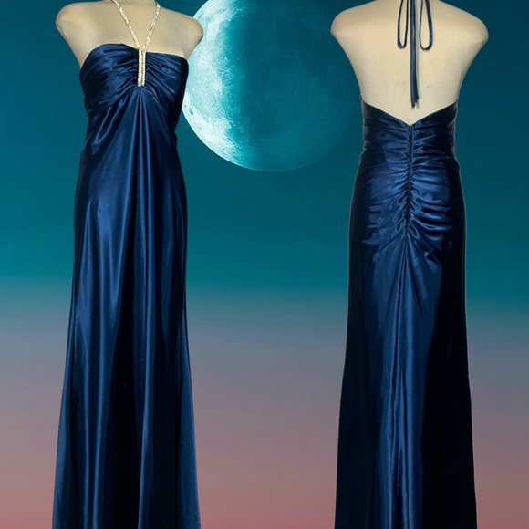 Gorgeous Designer Dark Blue Strapless Rhinestone Gown Maxi Dress Size XL Grande - Picture 1 of 17